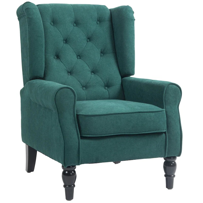 Fauteuil d'appoint capitonné avec haut dossier à oreilles, accoudoirs arrondis rembourrés et siège épais rembourré, vert foncé
