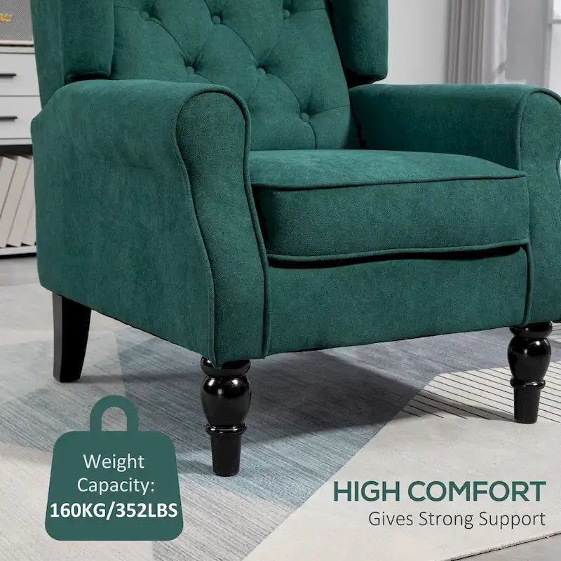 Fauteuil d'appoint capitonné avec haut dossier à oreilles, accoudoirs arrondis rembourrés et siège épais rembourré, vert foncé