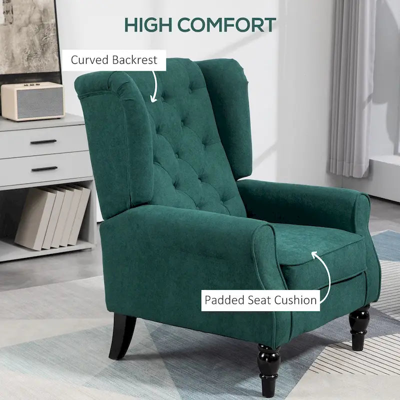 Fauteuil d'appoint capitonné avec haut dossier à oreilles, accoudoirs arrondis rembourrés et siège épais rembourré, vert foncé
