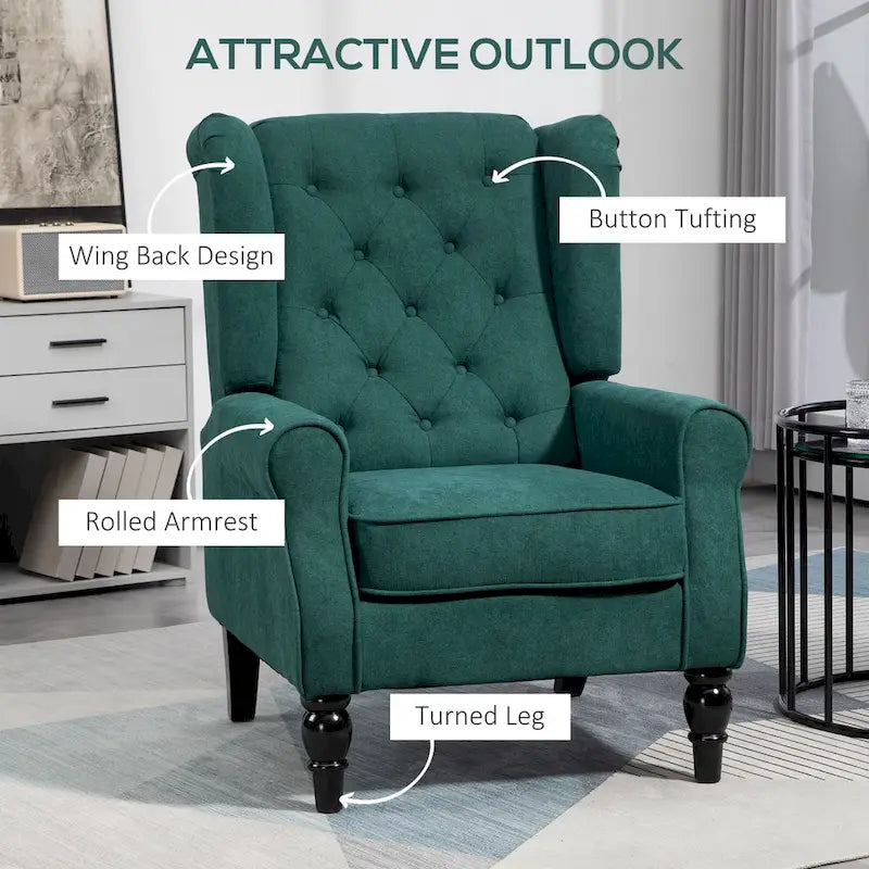 Fauteuil d'appoint capitonné avec haut dossier à oreilles, accoudoirs arrondis rembourrés et siège épais rembourré, vert foncé
