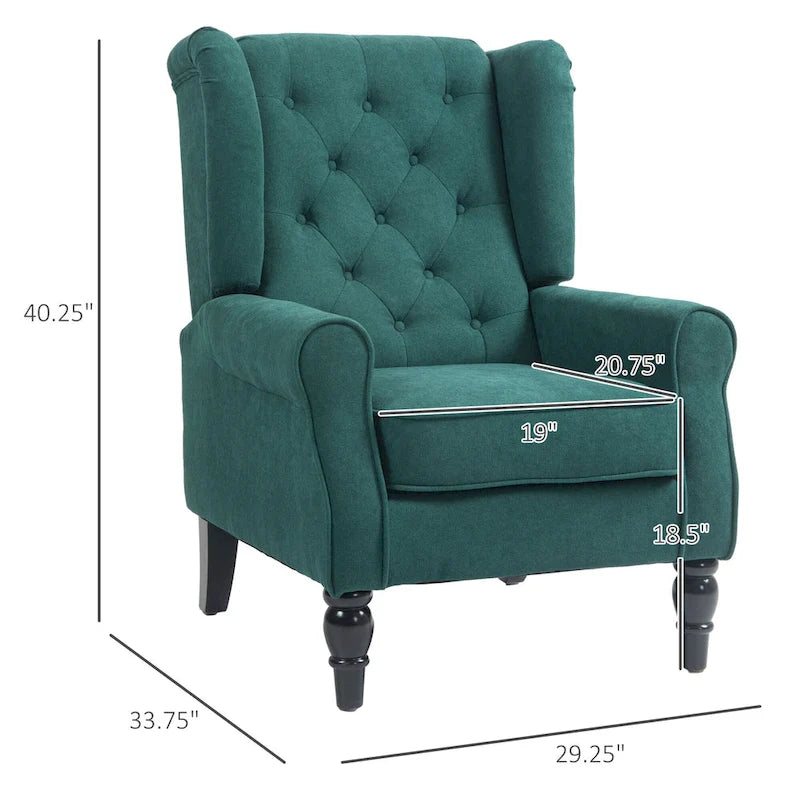 Fauteuil d'appoint capitonné avec haut dossier à oreilles, accoudoirs arrondis rembourrés et siège épais rembourré, vert foncé