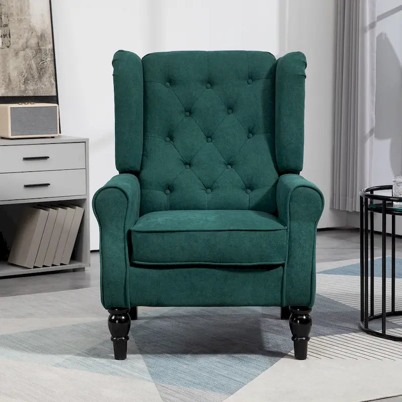 Fauteuil d'appoint capitonné avec haut dossier à oreilles, accoudoirs arrondis rembourrés et siège épais rembourré, vert foncé