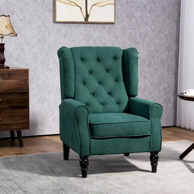 Fauteuil d'appoint capitonné avec haut dossier à oreilles, accoudoirs arrondis rembourrés et siège épais rembourré, vert foncé