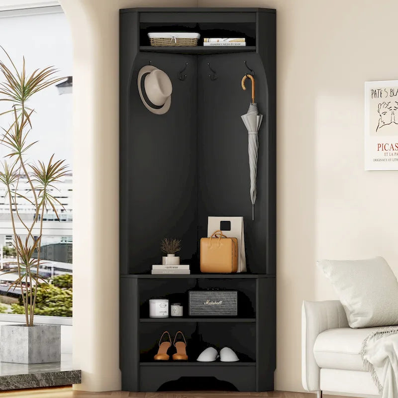 Corner Hall Tree with Shoe Bench - Multifunctional Entryway Coat Rack Featuring 4 Hooks and Adjustable Shelf,29.5W x 71.6H