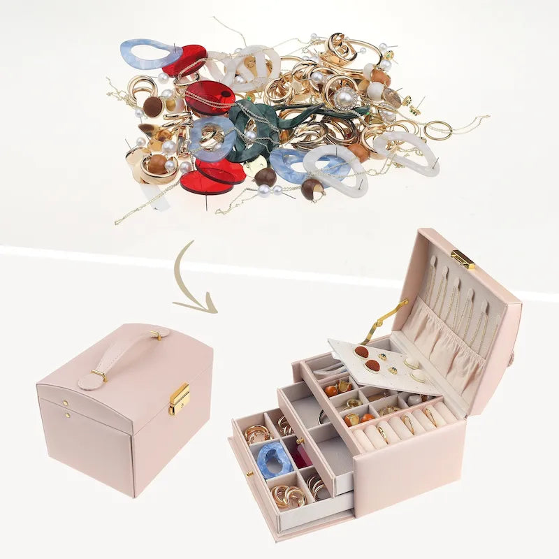 Boîte à Bijoux 3 Couches pour Femmes, Étui de Rangement en Cuir PU pour Bijoux avec Tiroir, Plateau à Bijoux Amovible