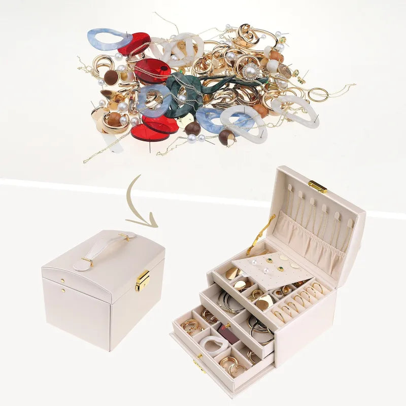 Boîte à Bijoux 3 Couches pour Femmes, Étui de Rangement en Cuir PU pour Bijoux avec Tiroir, Plateau à Bijoux Amovible