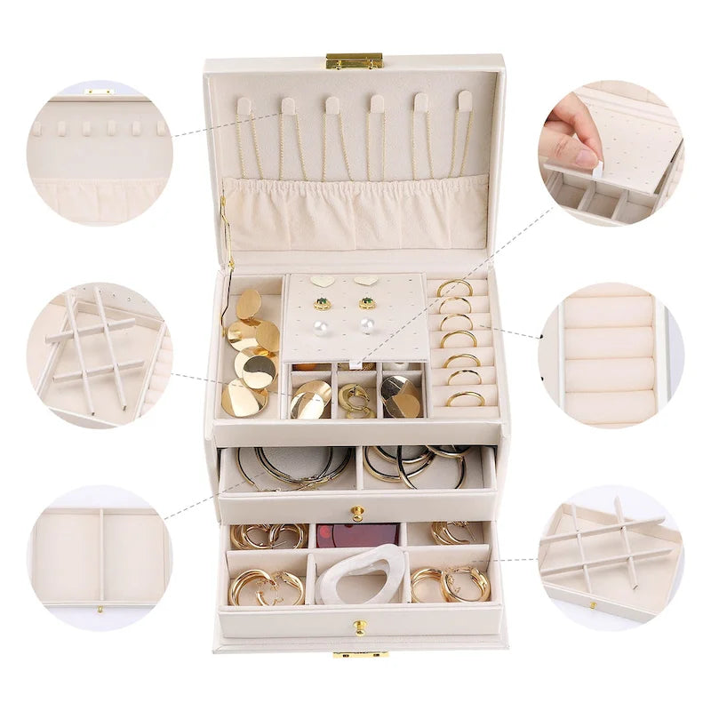 Boîte à Bijoux 3 Couches pour Femmes, Étui de Rangement en Cuir PU pour Bijoux avec Tiroir, Plateau à Bijoux Amovible