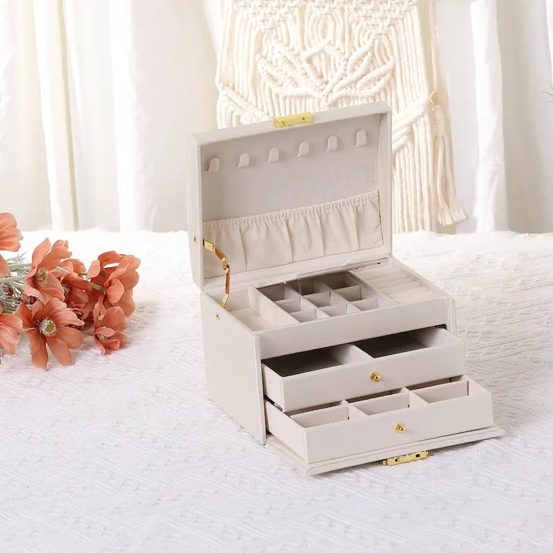 Boîte à Bijoux 3 Couches pour Femmes, Étui de Rangement en Cuir PU pour Bijoux avec Tiroir, Plateau à Bijoux Amovible