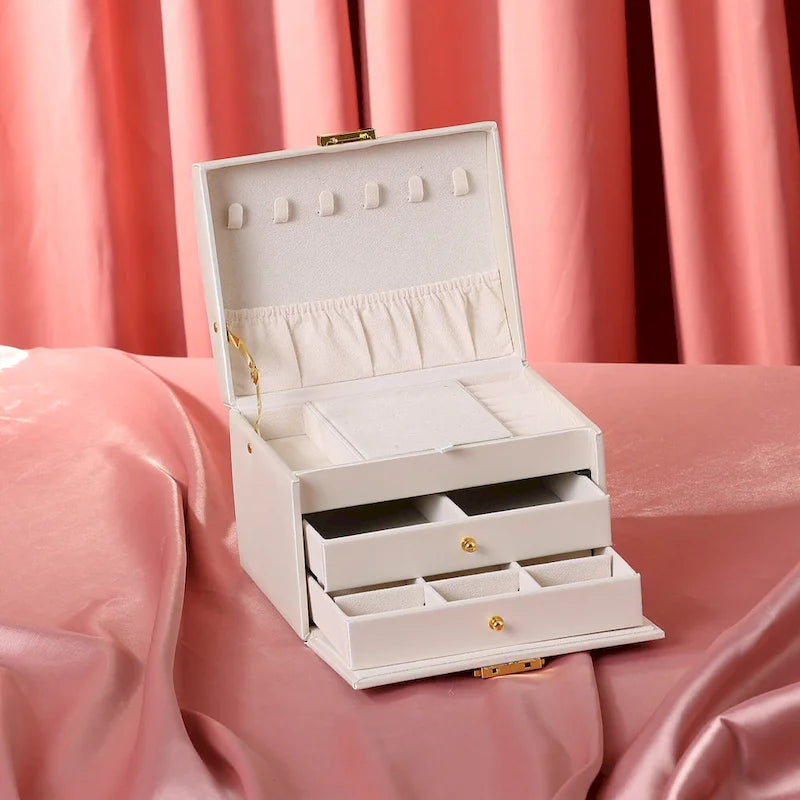 Boîte à Bijoux 3 Couches pour Femmes, Étui de Rangement en Cuir PU pour Bijoux avec Tiroir, Plateau à Bijoux Amovible