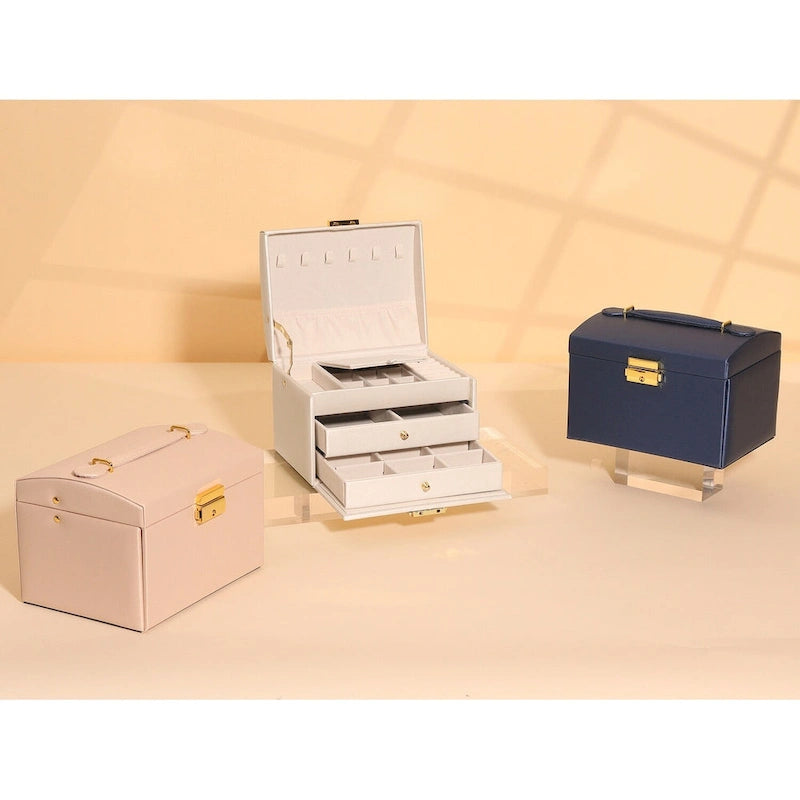 Boîte à Bijoux 3 Couches pour Femmes, Étui de Rangement en Cuir PU pour Bijoux avec Tiroir, Plateau à Bijoux Amovible
