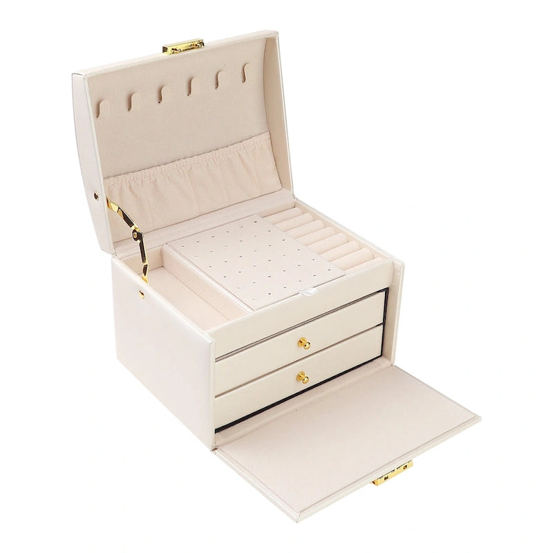 Boîte à Bijoux 3 Couches pour Femmes, Étui de Rangement en Cuir PU pour Bijoux avec Tiroir, Plateau à Bijoux Amovible