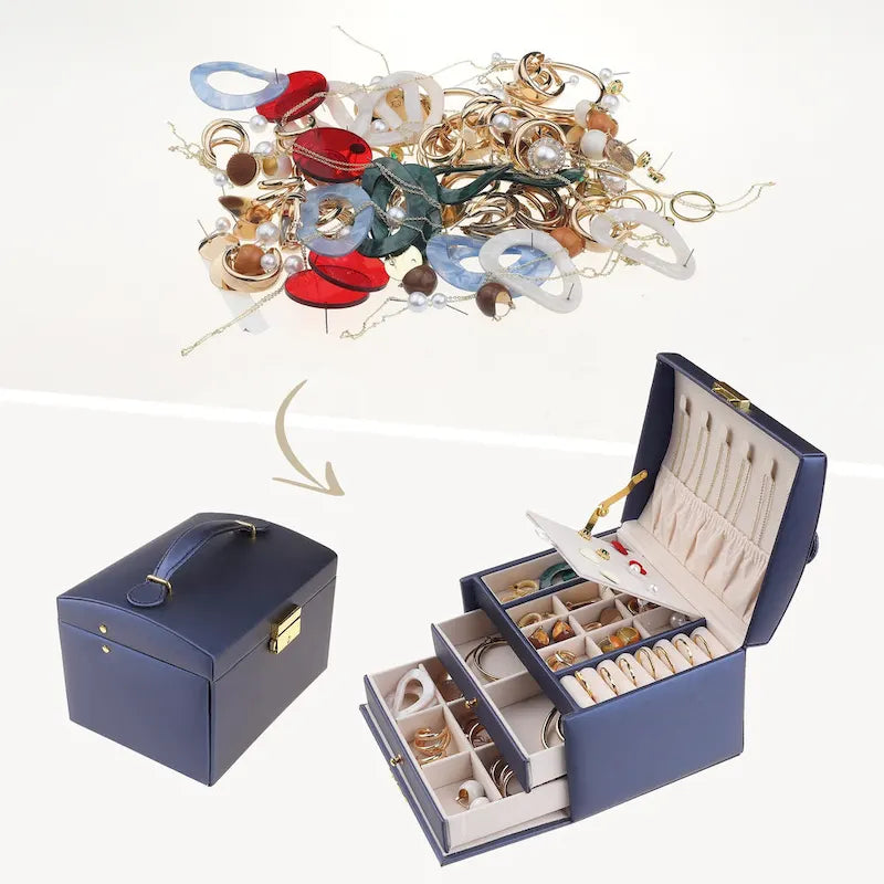 Boîte à Bijoux 3 Couches pour Femmes, Étui de Rangement en Cuir PU pour Bijoux avec Tiroir, Plateau à Bijoux Amovible