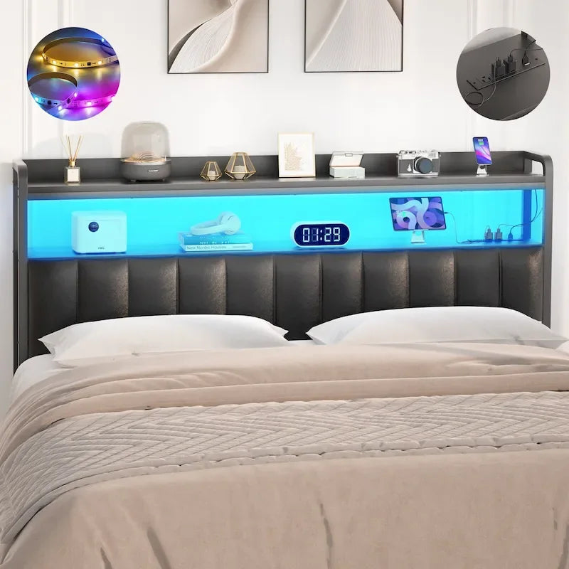 Têtes de lit rembourrées avec station de charge et lumière LED, tête de lit réglable en hauteur avec rangement