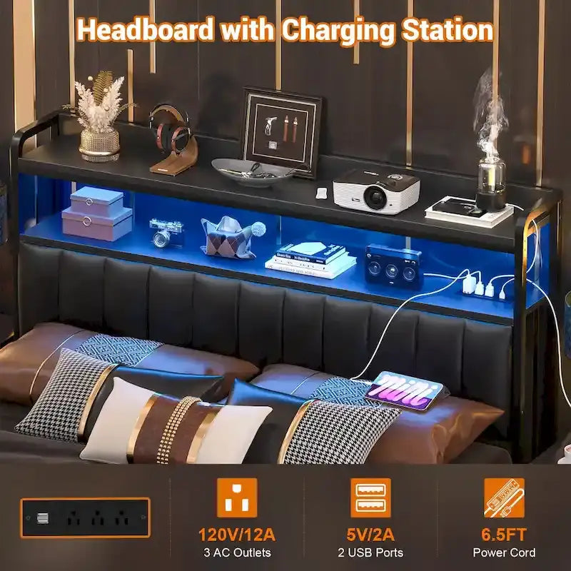Têtes de lit rembourrées avec station de charge et lumière LED, tête de lit réglable en hauteur avec rangement