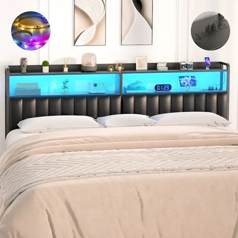 Têtes de lit rembourrées avec station de charge et lumière LED, tête de lit réglable en hauteur avec rangement