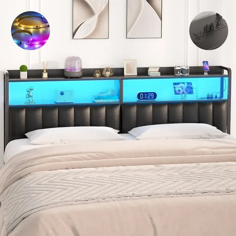 Têtes de lit rembourrées avec station de charge et lumière LED, tête de lit réglable en hauteur avec rangement