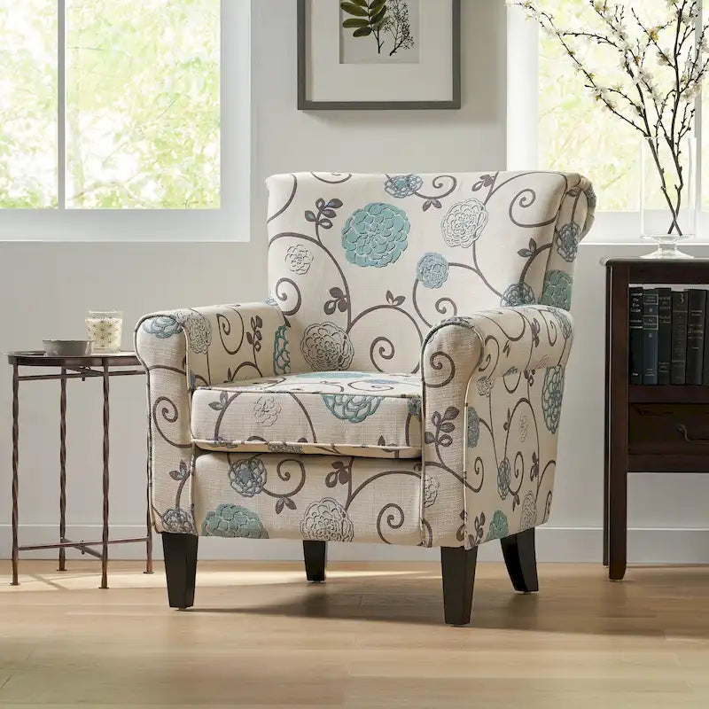 Fauteuil club capitonné moderne blanc et bleu de 80,6 cm avec pieds fuselés en bois de bouleau pour le salon