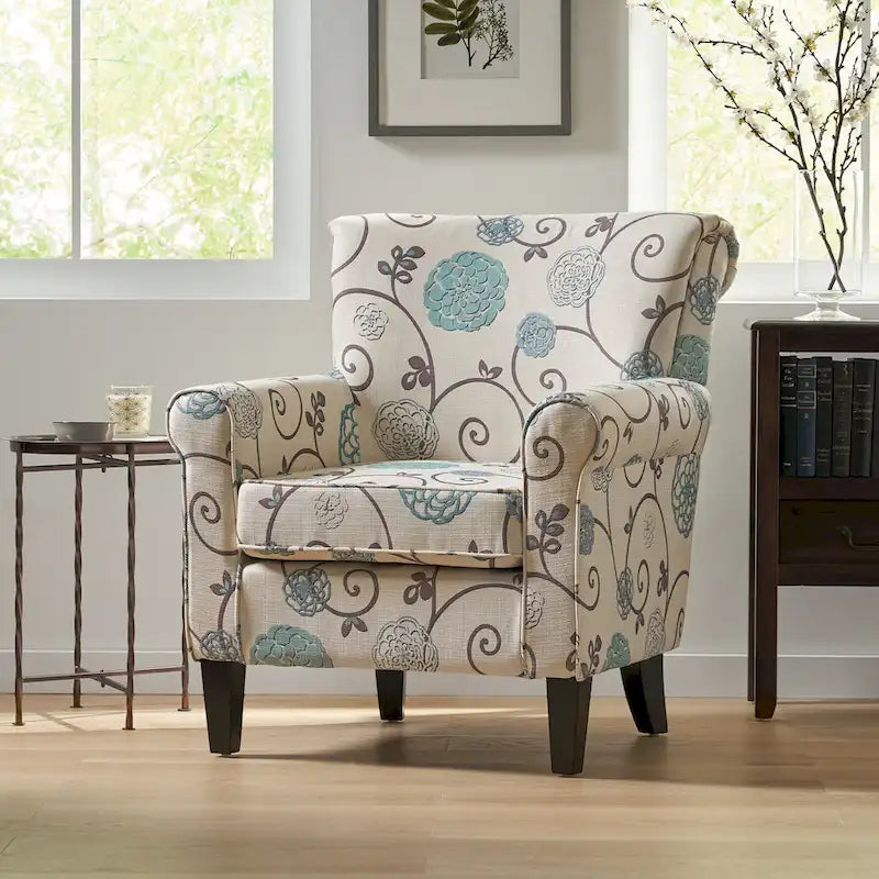 Fauteuil club capitonné moderne blanc et bleu de 80,6 cm avec pieds fuselés en bois de bouleau pour le salon