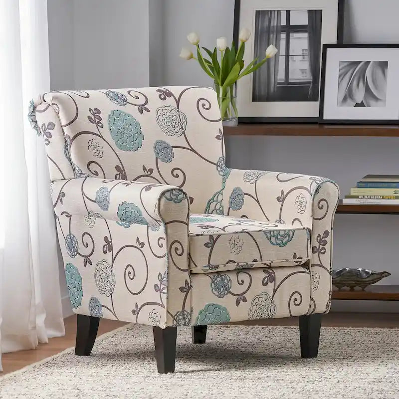 Fauteuil club capitonné moderne blanc et bleu de 80,6 cm avec pieds fuselés en bois de bouleau pour le salon