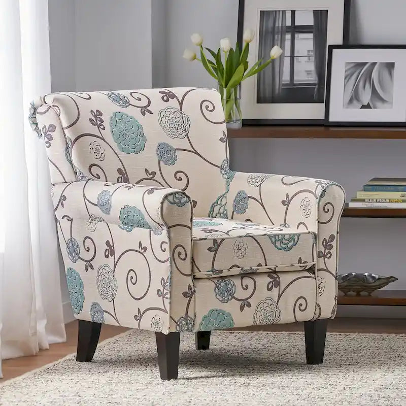 Fauteuil club capitonné moderne blanc et bleu de 80,6 cm avec pieds fuselés en bois de bouleau pour le salon
