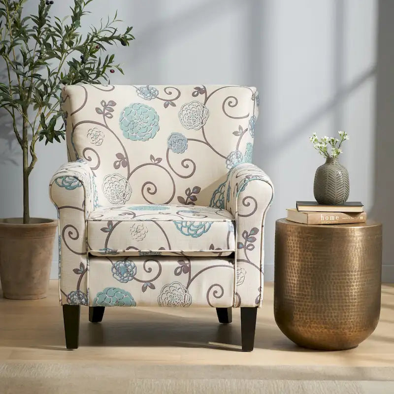 Fauteuil club capitonné moderne blanc et bleu de 80,6 cm avec pieds fuselés en bois de bouleau pour le salon