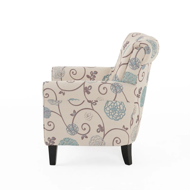 Fauteuil club capitonné moderne blanc et bleu de 80,6 cm avec pieds fuselés en bois de bouleau pour le salon