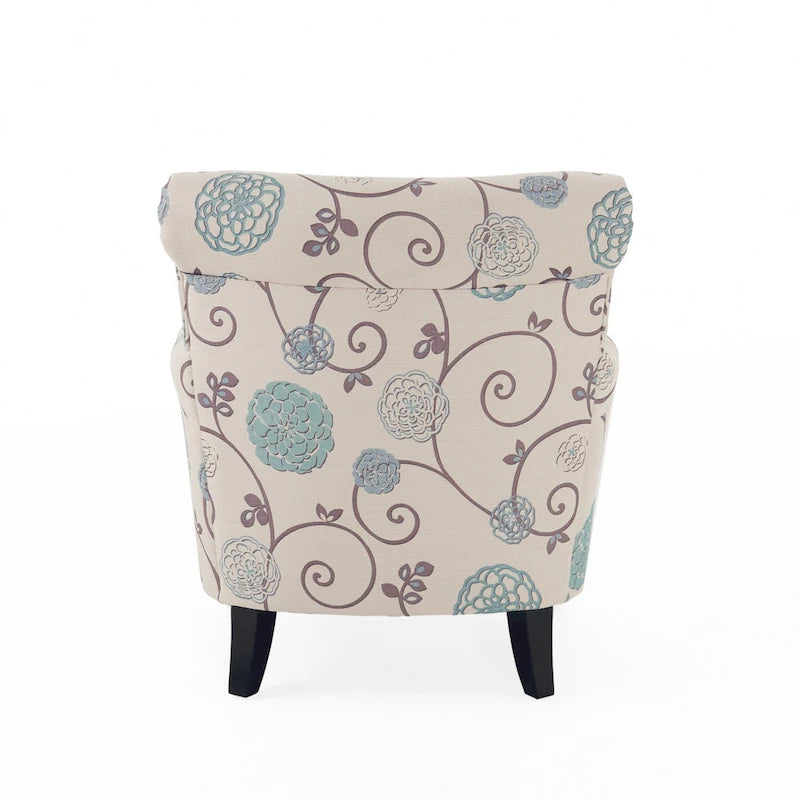 Fauteuil club capitonné moderne blanc et bleu de 80,6 cm avec pieds fuselés en bois de bouleau pour le salon