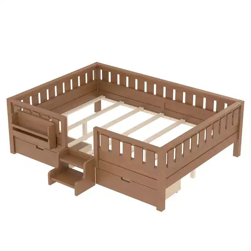 Lit pour tout-petits Bellemave Queen Size avec 14 barrières de sécurité, cadre de lit peu encombrant avec étagères intégrées et 2 tiroirs de rangement sous le lit