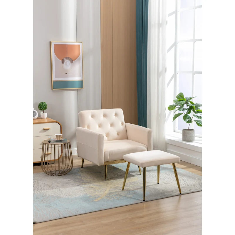 Fauteuil en velours capitonné avec accoudoirs et dossier réglables et son pouf