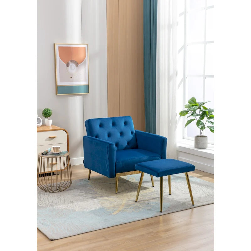 Fauteuil en velours capitonné avec accoudoirs et dossier réglables et son pouf