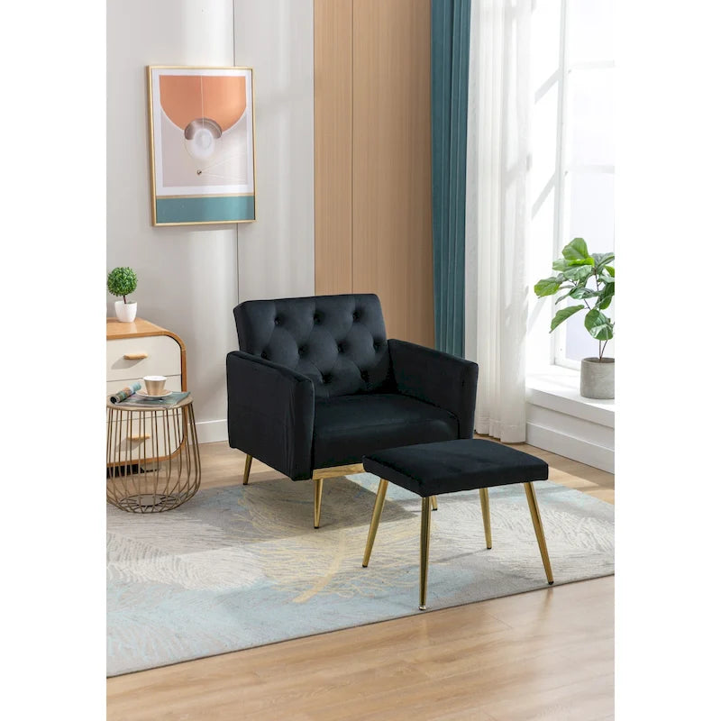 Fauteuil en velours capitonné avec accoudoirs et dossier réglables et son pouf