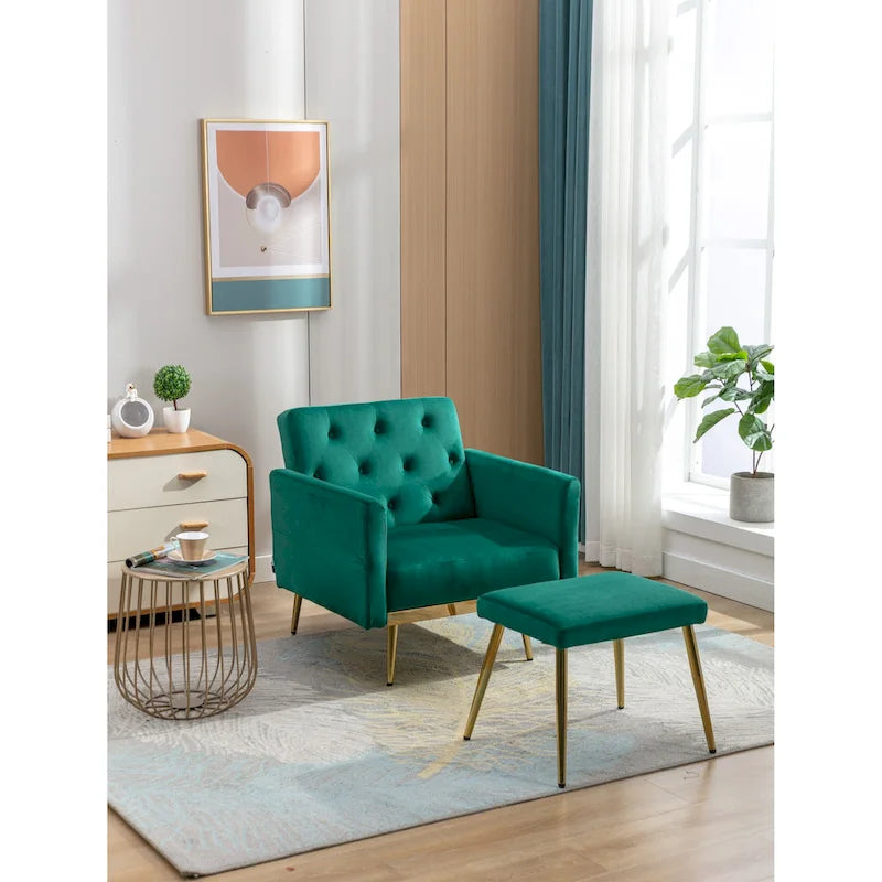 Fauteuil en velours capitonné avec accoudoirs et dossier réglables et son pouf