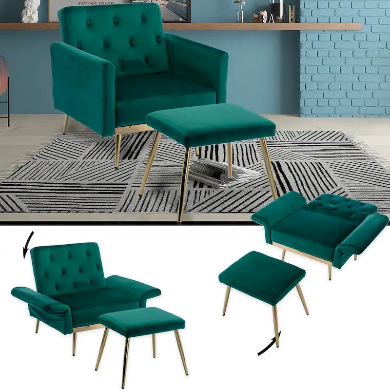 Fauteuil en velours capitonné avec accoudoirs et dossier réglables et son pouf