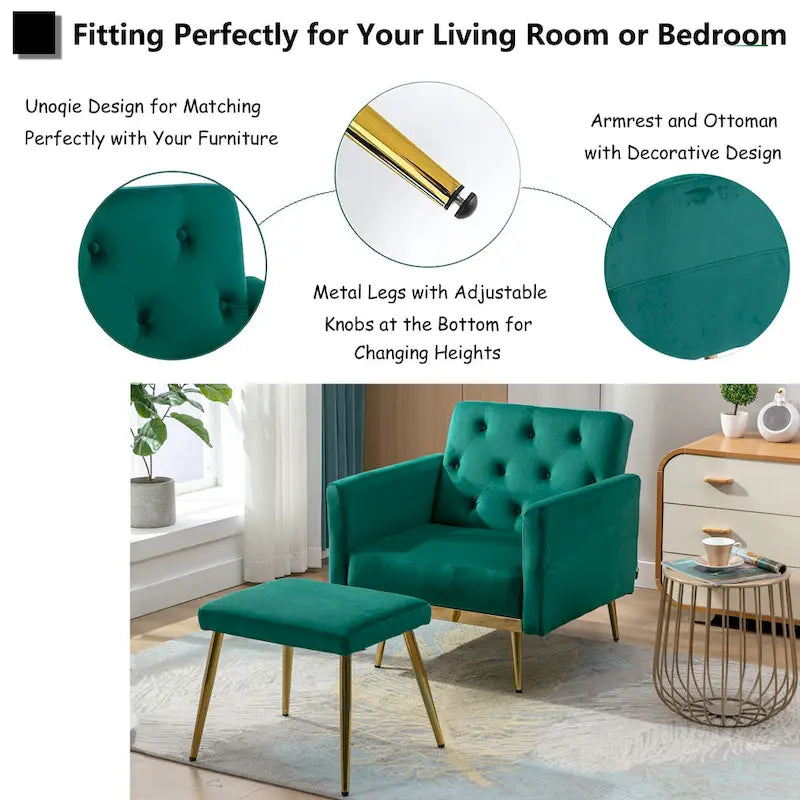 Fauteuil en velours capitonné avec accoudoirs et dossier réglables et son pouf