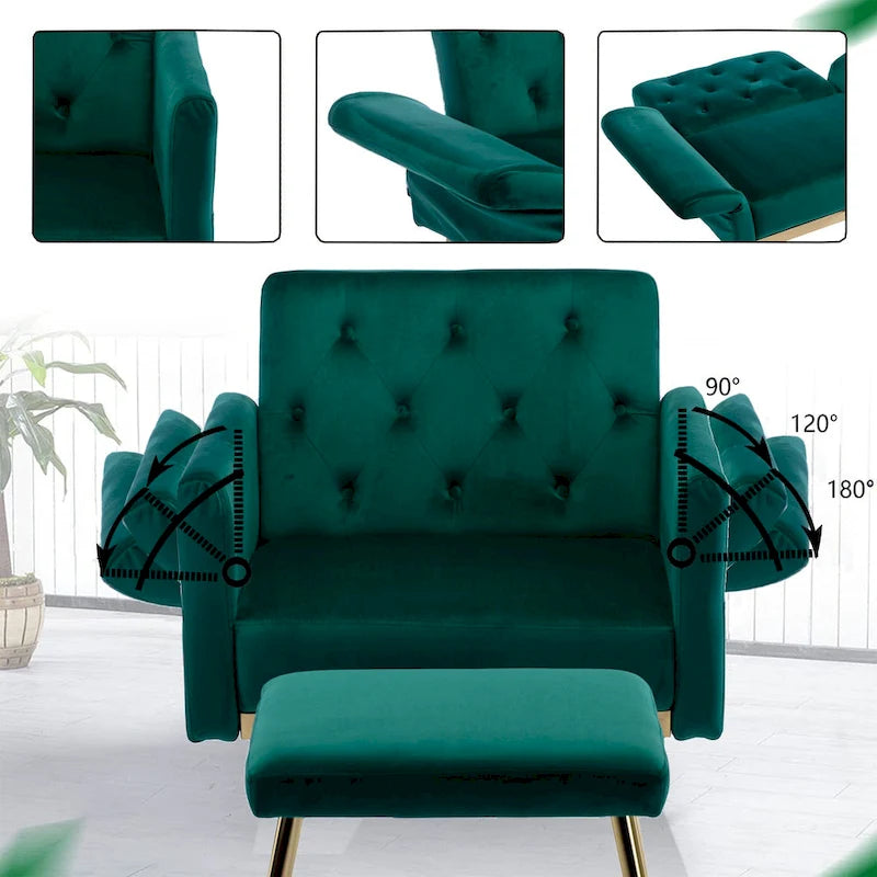 Fauteuil en velours capitonné avec accoudoirs et dossier réglables et son pouf