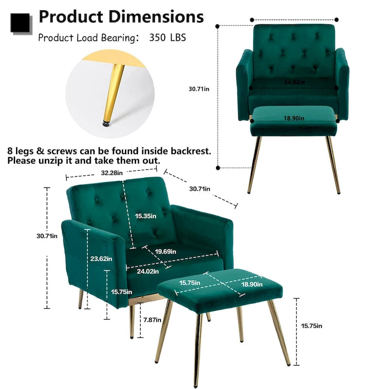 Fauteuil en velours capitonné avec accoudoirs et dossier réglables et son pouf