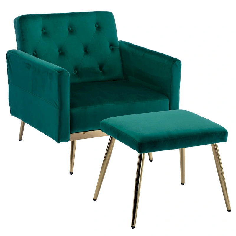 Fauteuil en velours capitonné avec accoudoirs et dossier réglables et son pouf