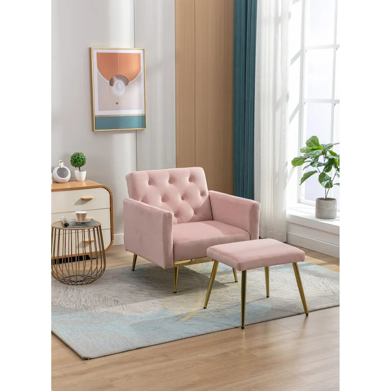 Fauteuil en velours capitonné avec accoudoirs et dossier réglables et son pouf