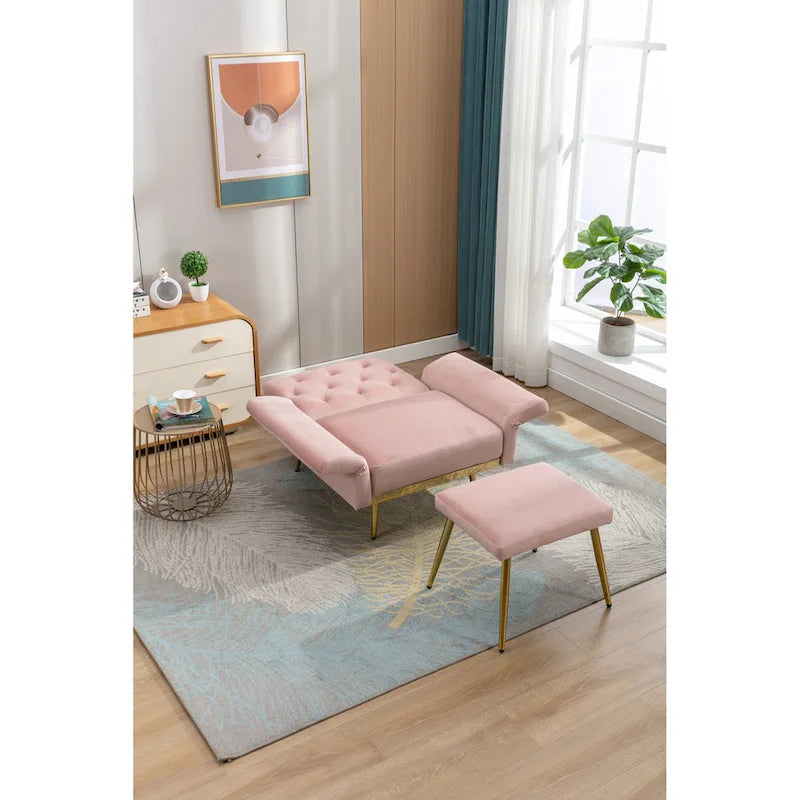 Fauteuil en velours capitonné avec accoudoirs et dossier réglables et son pouf