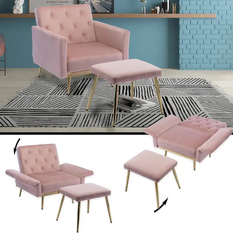 Fauteuil en velours capitonné avec accoudoirs et dossier réglables et son pouf