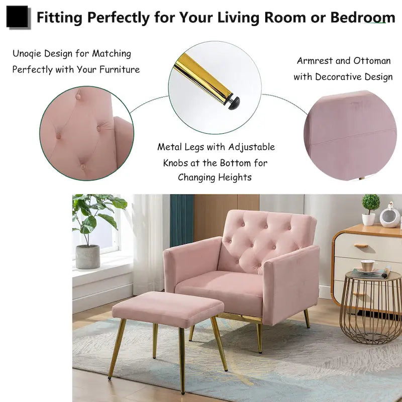 Fauteuil en velours capitonné avec accoudoirs et dossier réglables et son pouf