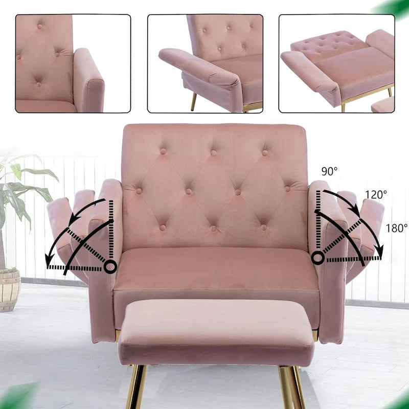 Fauteuil en velours capitonné avec accoudoirs et dossier réglables et son pouf