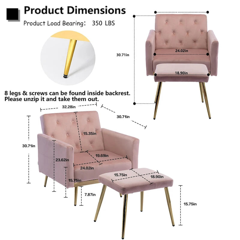 Fauteuil en velours capitonné avec accoudoirs et dossier réglables et son pouf