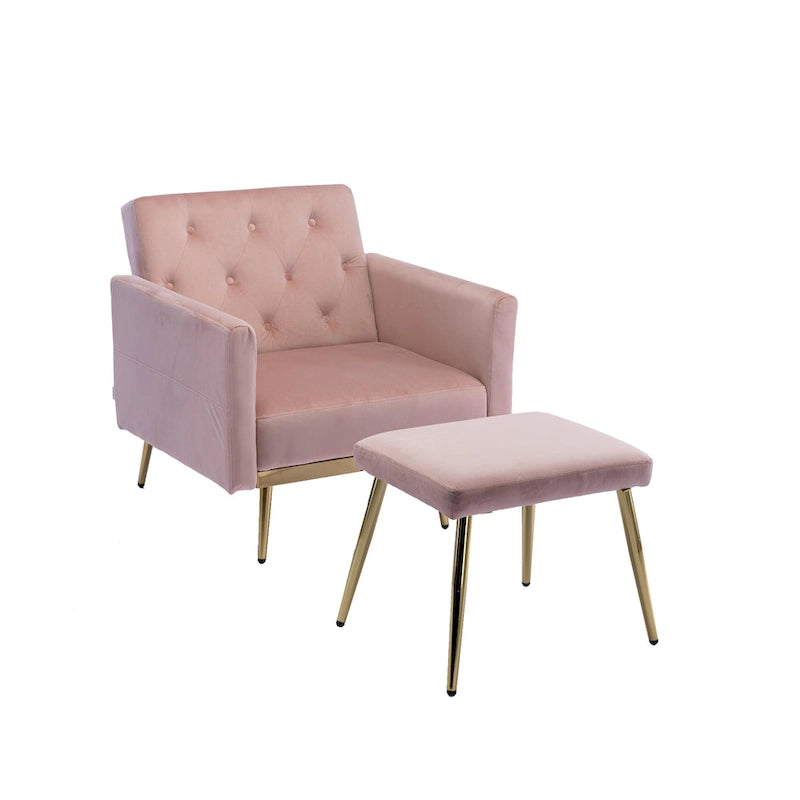 Fauteuil en velours capitonné avec accoudoirs et dossier réglables et son pouf