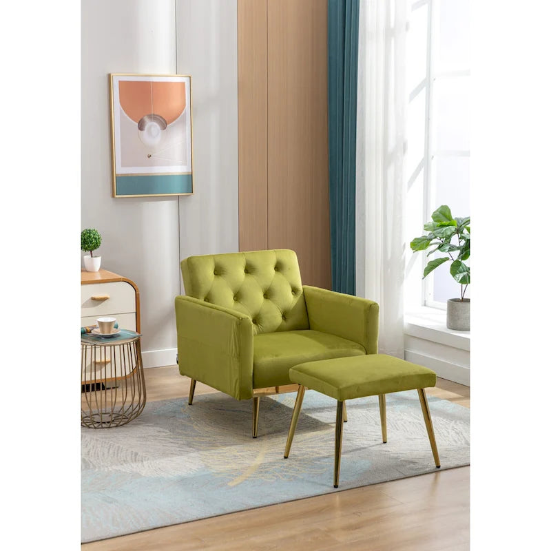 Fauteuil en velours capitonné avec accoudoirs et dossier réglables et son pouf