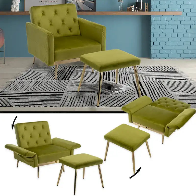 Fauteuil en velours capitonné avec accoudoirs et dossier réglables et son pouf