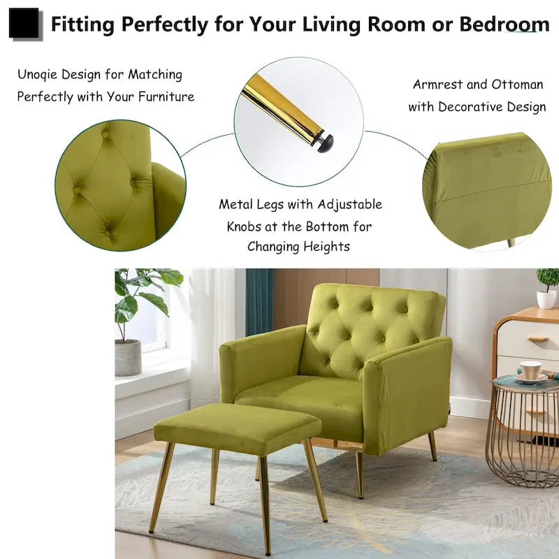 Fauteuil en velours capitonné avec accoudoirs et dossier réglables et son pouf