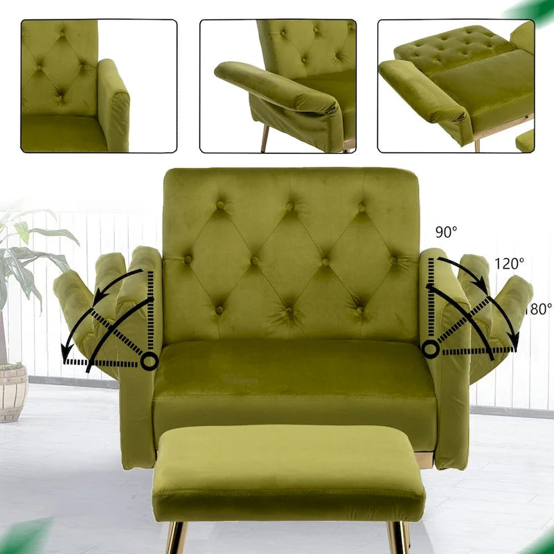 Fauteuil en velours capitonné avec accoudoirs et dossier réglables et son pouf