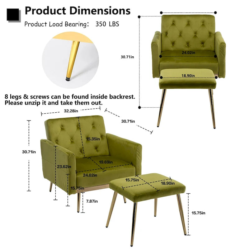 Fauteuil en velours capitonné avec accoudoirs et dossier réglables et son pouf