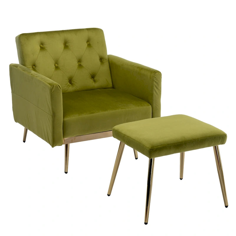 Fauteuil en velours capitonné avec accoudoirs et dossier réglables et son pouf